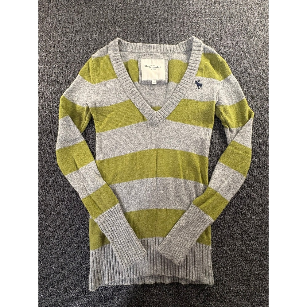 y2k Abercrombie Womens Large Striped V-Neck Sweater Grey Green Rabbit Hair